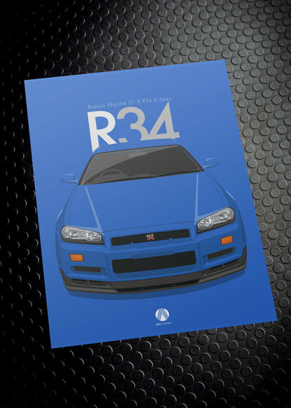 1999 Nissan Skyline R34 GTR V-Spec - Bayside Blue - poster print